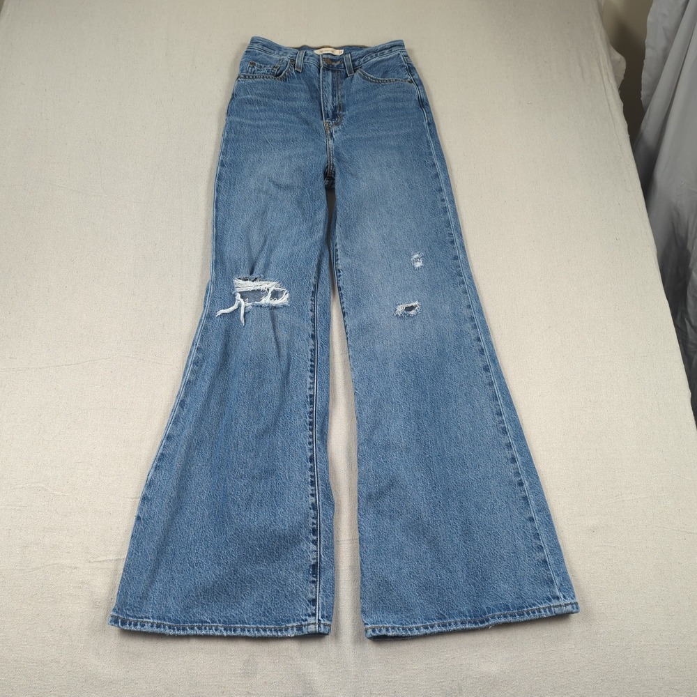 Levis Jeans Womens 24 Blue High Loose Flare Premium Distressed Hippie Boho